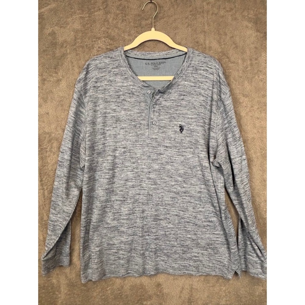 US Polo Assn Mens XXL Blue‎ Marled Waffle Knit Henley Long Sleeve Shirt 11877401